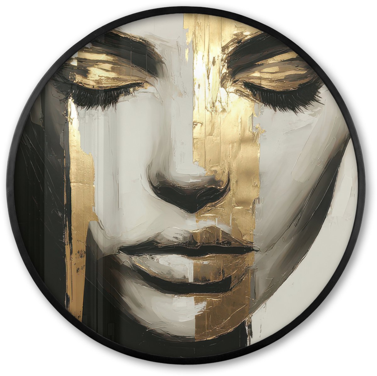 FrameYourWall Poster in lijst Rond - Fotolijst 60x60 cm - Posters - Ogen - Gezicht - Goud - Strepen - Ronde posterlijst zwart - Decoratie - Wanddecoratie woonkamer - Muurdecoratie slaapkamer