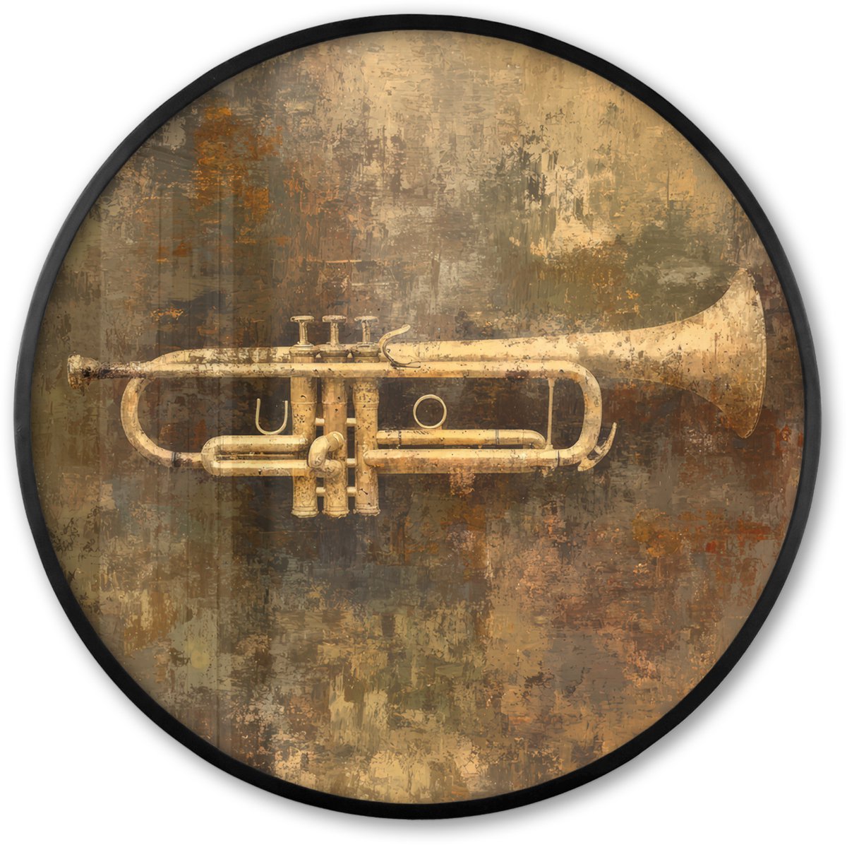 FrameYourWall Poster in lijst Rond - Fotolijst 80x80 cm - Posters - Trompet - Geel - Muzikaal - Ronde posterlijst zwart - Decoratie - Wanddecoratie woonkamer - Muurdecoratie slaapkamer