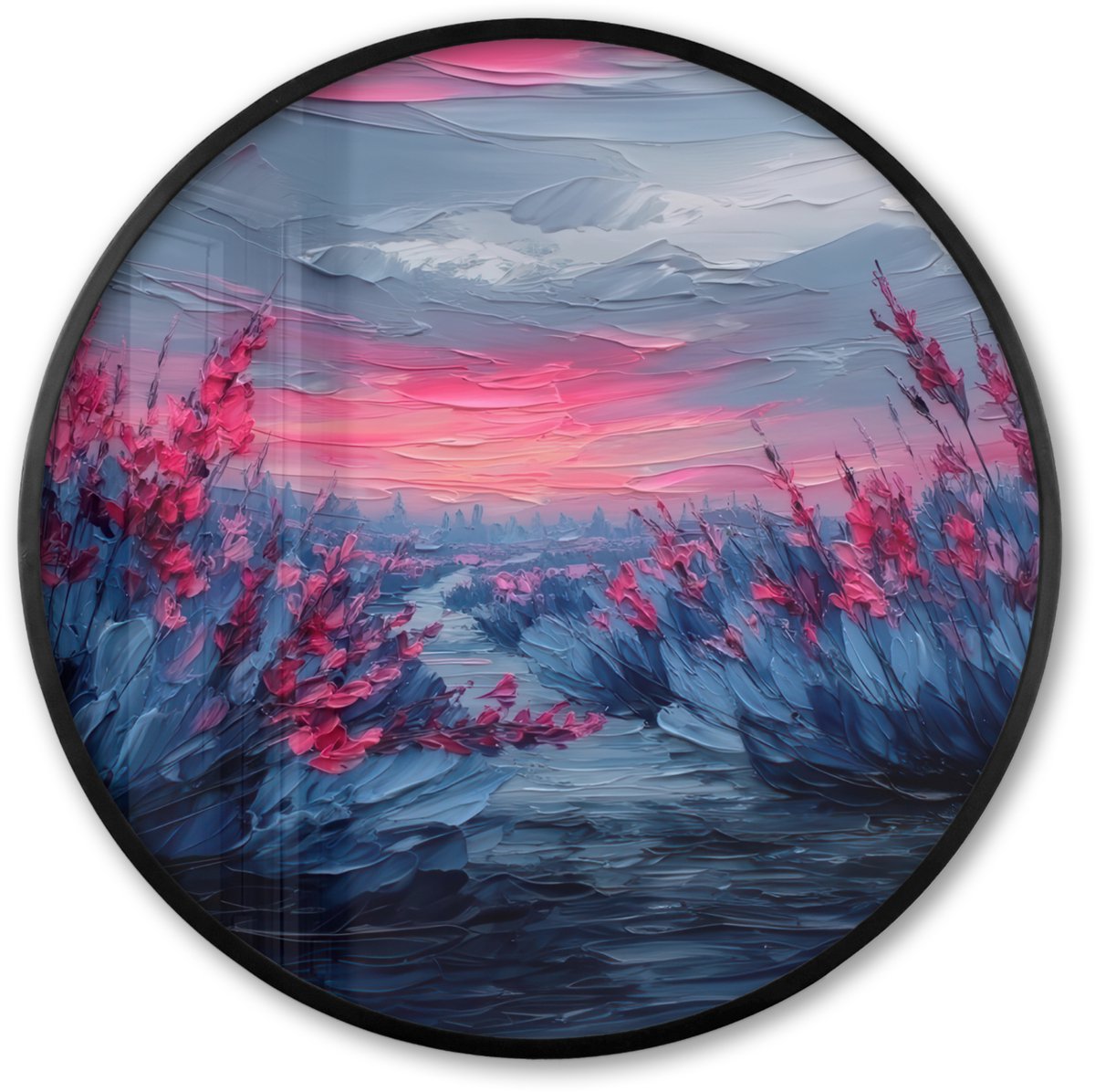 FrameYourWall Poster in lijst Rond - Fotolijst 60x60 cm - Posters - Schilderij - Zonsondergang - Bloemen - Rivier - Ronde posterlijst zwart - Decoratie - Wanddecoratie woonkamer - Muurdecoratie slaapkamer