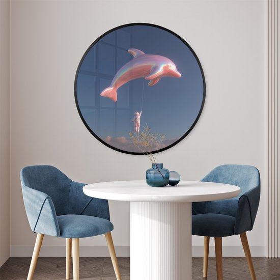 Poster in lijst Rond - Fotolijst 80x80 cm - Posters - Dolfijn - Roze - Astronaut - Ronde posterlijst zwart - Decoratie - Wanddecoratie woonkamer - Muurdecoratie slaapkamer