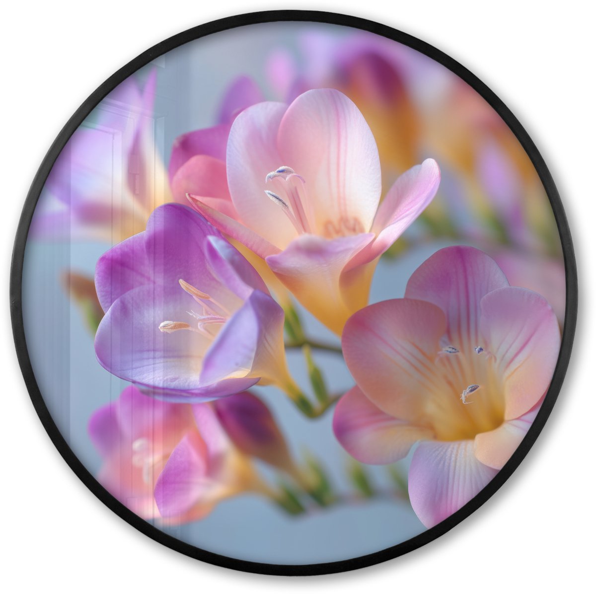 FrameYourWall Poster in lijst Rond - Fotolijst 80x80 cm - Posters - Bloemen - Paars - Overloop - Meeldraden - Ronde posterlijst zwart - Decoratie - Wanddecoratie woonkamer - Muurdecoratie slaapkamer Bloemen - Overloop