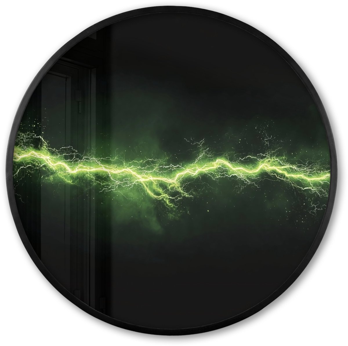 FrameYourWall Poster in lijst Rond - Fotolijst 60x60 cm - Posters - Gaming - Elektriciteit - Lijn - Vonken - Groen - Ronde posterlijst zwart - Decoratie - Wanddecoratie woonkamer - Muurdecoratie slaapkamer