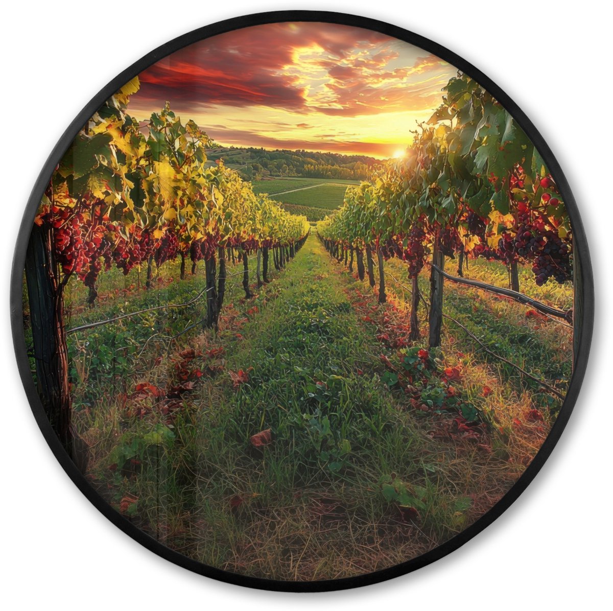 FrameYourWall Poster in lijst Rond - Fotolijst 80x80 cm - Posters - Wijngaard - Druiven - Zonsondergang - Ronde posterlijst zwart - Decoratie - Wanddecoratie woonkamer - Muurdecoratie slaapkamer