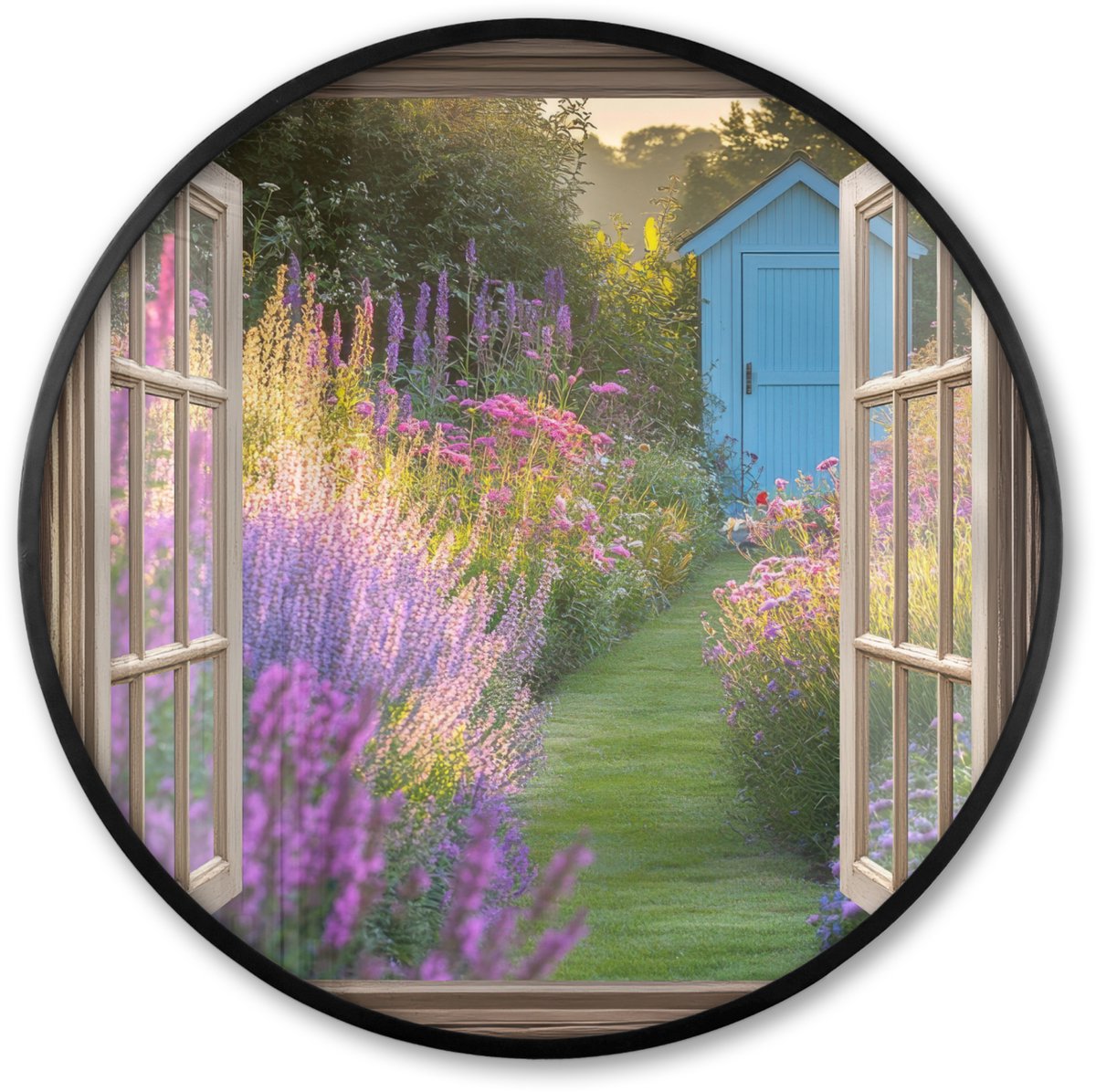 FrameYourWall Poster in lijst Rond - Fotolijst 60x60 cm - Posters - Doorkijk - Bloemen - Raam - Natuur - Ronde posterlijst zwart - Decoratie - Wanddecoratie woonkamer - Muurdecoratie slaapkamer Lavendel - Tuin