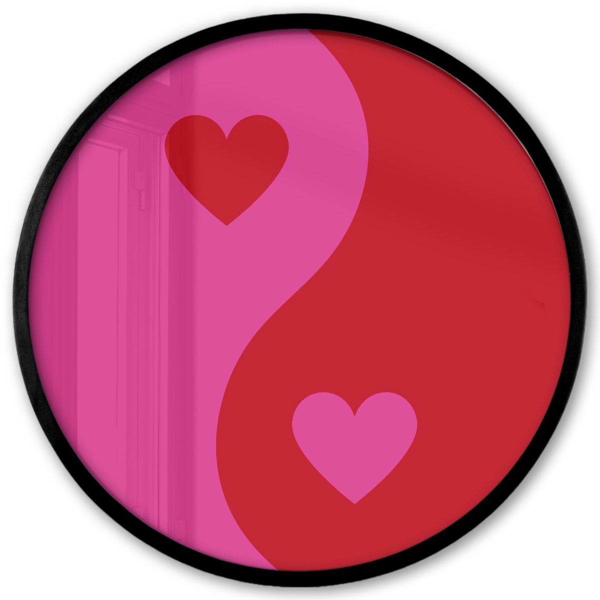 FrameYourWall Poster in lijst Rond - Fotolijst 40x40 cm - Posters - Minimalistisch - Rood - Roze - Hartjes - Ronde posterlijst zwart - Decoratie - Wanddecoratie woonkamer - Muurdecoratie slaapkamer