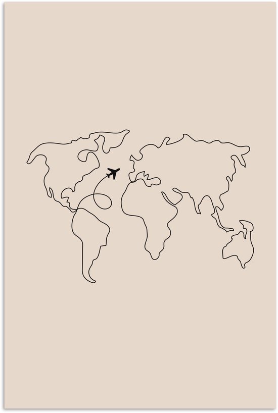Dessin au trait simple d'une carte du monde avec un avion volant, sur fond crème.