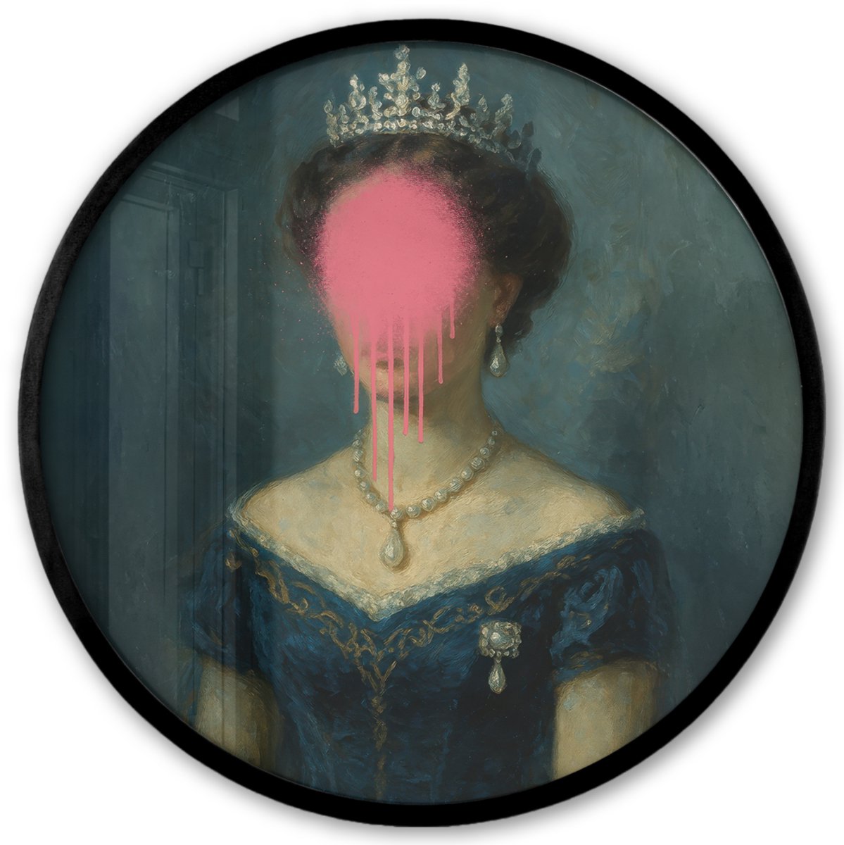 FrameYourWall Poster in lijst Rond - Fotolijst 40x40 cm - Posters - Kroon - Roze druipend verf - Portret - Ronde posterlijst zwart - Decoratie - Wanddecoratie woonkamer - Muurdecoratie slaapkamer Vrouw - Kroon - Verf