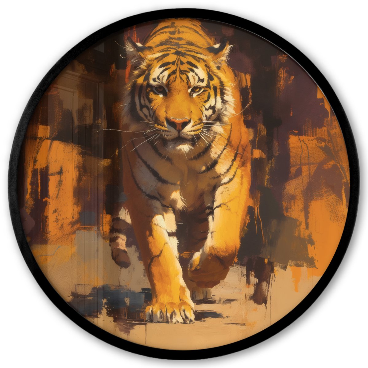FrameYourWall Poster in lijst Rond - Fotolijst 40x40 cm - Posters - Tijger - Geschilderd - Oranje - Penseelstreken - Ronde posterlijst zwart - Decoratie - Wanddecoratie woonkamer - Muurdecoratie slaapkamer