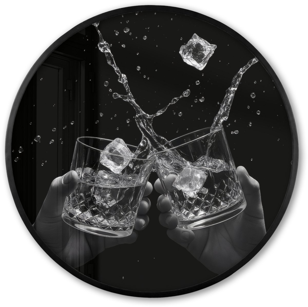 FrameYourWall Poster in lijst Rond - Fotolijst 60x60 cm - Posters - Whiskyglazen - Ijs - Spetters - Zwart - Ronde posterlijst zwart - Decoratie - Wanddecoratie woonkamer - Muurdecoratie slaapkamer Glazen - Spetters