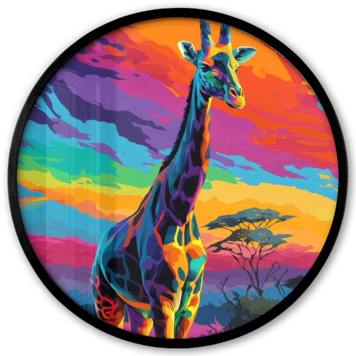 FrameYourWall Poster in lijst Rond - Fotolijst 40x40 cm - Posters - Giraffe - Savanna - Lucht - Gekleurd - Ronde posterlijst zwart - Decoratie - Wanddecoratie woonkamer - Muurdecoratie slaapkamer Giraffe - Kleurrijk