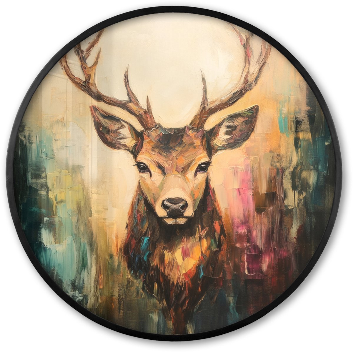 FrameYourWall Poster in lijst Rond - Fotolijst 60x60 cm - Posters - Hert - Geverfd - Gewei - Bruin - Ronde posterlijst zwart - Decoratie - Wanddecoratie woonkamer - Muurdecoratie slaapkamer Hert - Gewei - Verf
