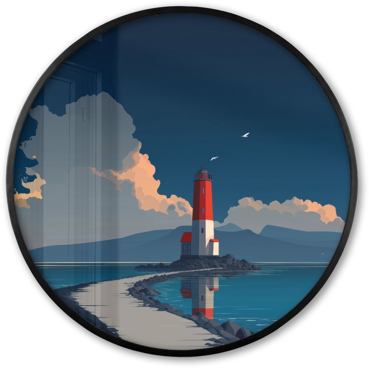 FrameYourWall Poster in lijst Rond - Fotolijst 60x60 cm - Posters - Vuurtoren - Zee - Wolken - Ronde posterlijst zwart - Decoratie - Wanddecoratie woonkamer - Muurdecoratie slaapkamer
