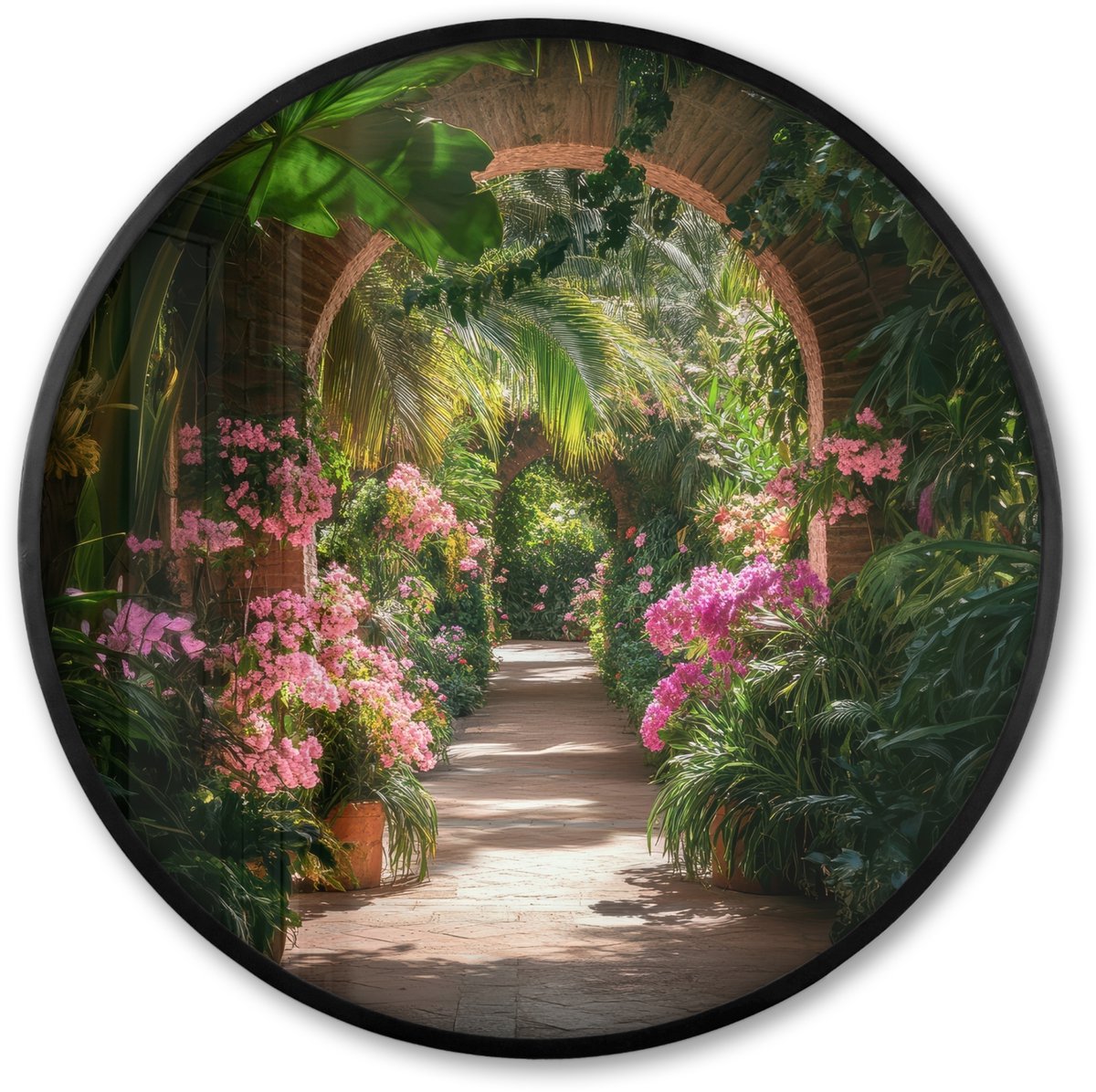 FrameYourWall Poster in lijst Rond - Fotolijst 60x60 cm - Posters - Doorkijk - Tropisch - Bloemen - Natuur - Ronde posterlijst zwart - Decoratie - Wanddecoratie woonkamer - Muurdecoratie slaapkamer Boog - Tropisch