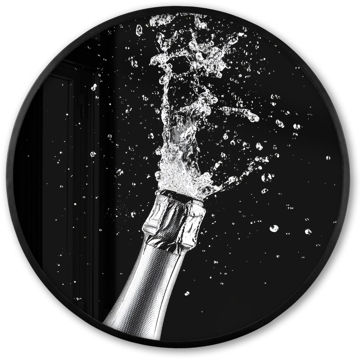 FrameYourWall Poster in lijst Rond - Fotolijst 80x80 cm - Posters - Champagne - Zwart - Spetters - Popping - Ronde posterlijst zwart - Decoratie - Wanddecoratie woonkamer - Muurdecoratie slaapkamer Proost - Champagne