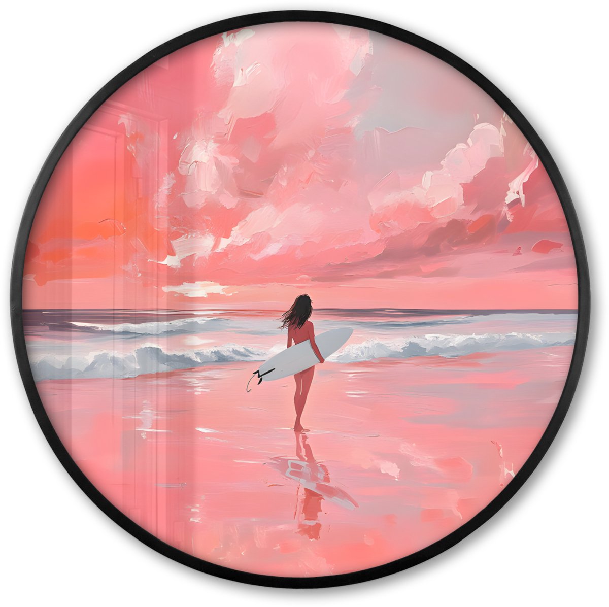 FrameYourWall Poster in lijst Rond - Fotolijst 80x80 cm - Posters - Roze - Surfen - Zee - Ronde posterlijst zwart - Decoratie - Wanddecoratie woonkamer - Muurdecoratie slaapkamer Zee - Vrouw - Surfplank