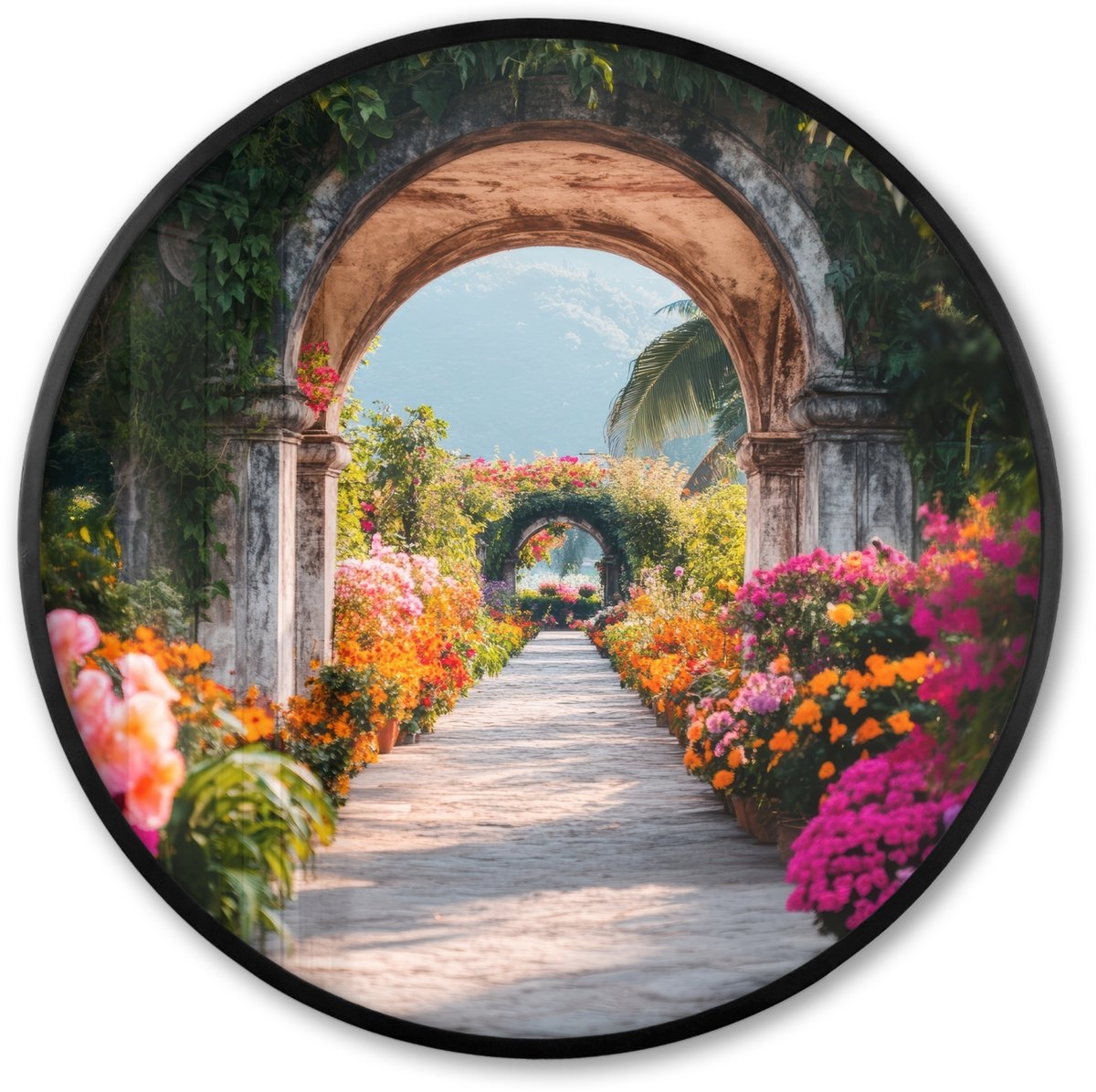 FrameYourWall Poster in lijst Rond - Fotolijst 60x60 cm - Posters - Doorkijk - Bloemen - Tropisch - Kleurrijk - Ronde posterlijst zwart - Decoratie - Wanddecoratie woonkamer - Muurdecoratie slaapkamer Boog - Tropische bloemen