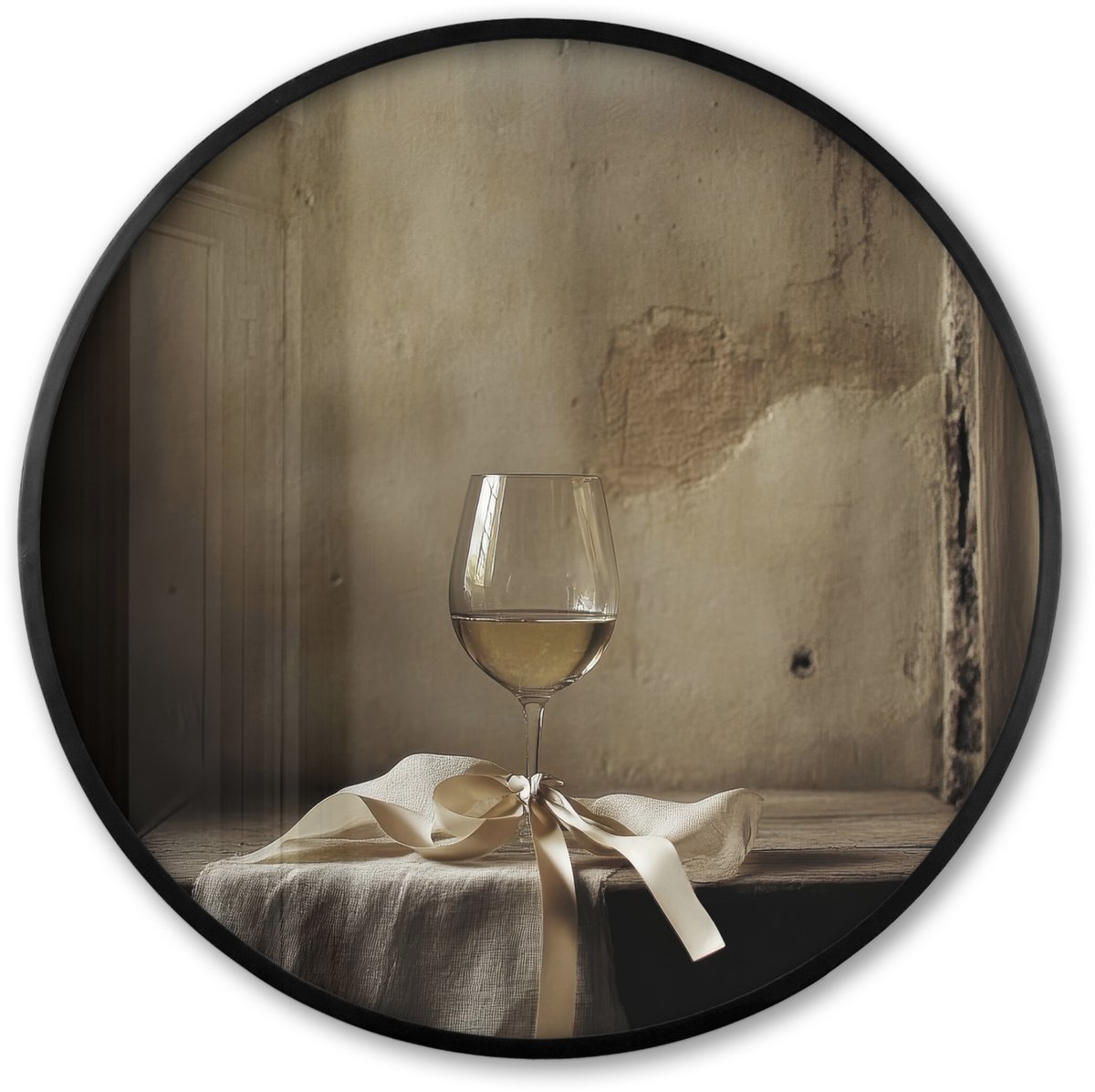 FrameYourWall Poster in lijst Rond - Fotolijst 80x80 cm - Posters - Strik - Beige - Witte - Wijn - Ronde posterlijst zwart - Decoratie - Wanddecoratie woonkamer - Muurdecoratie slaapkamer
