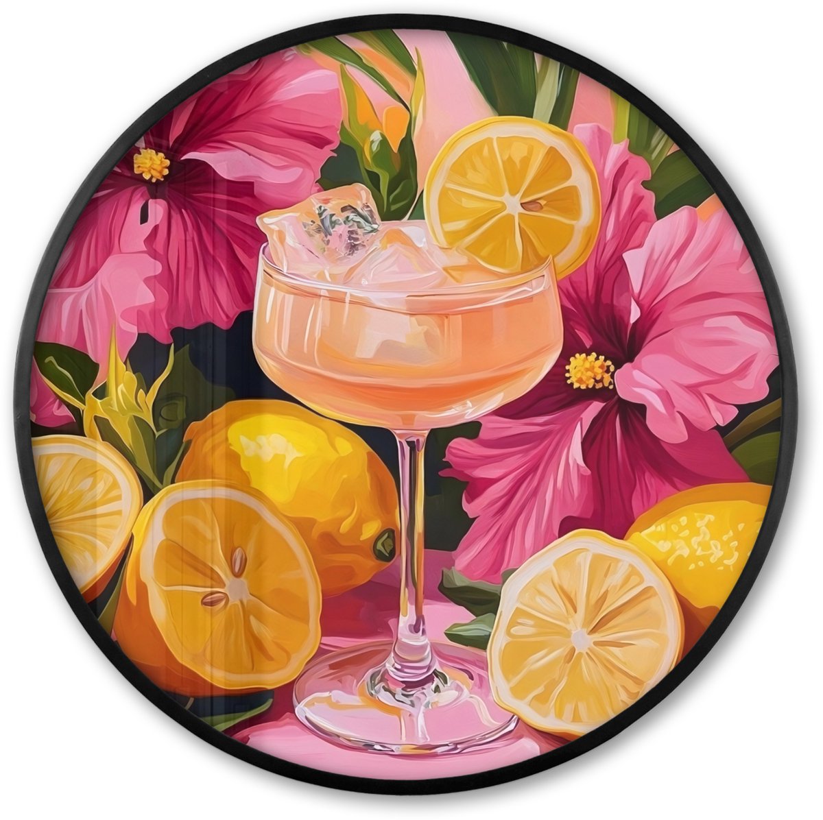 FrameYourWall Poster in lijst Rond - Fotolijst 60x60 cm - Posters - Drink - Bloemen - Yellow - Ronde posterlijst zwart - Decoratie - Wanddecoratie woonkamer - Muurdecoratie slaapkamer Cocktail - Bloemen
