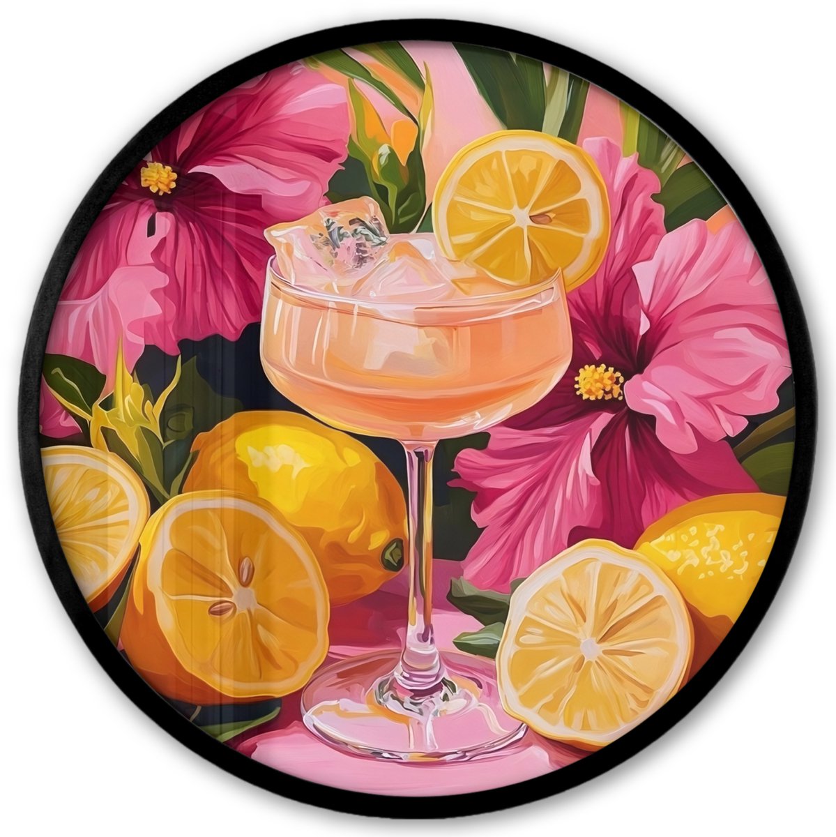 FrameYourWall Poster in lijst Rond - Fotolijst 40x40 cm - Posters - Drink - Bloemen - Yellow - Ronde posterlijst zwart - Decoratie - Wanddecoratie woonkamer - Muurdecoratie slaapkamer Cocktail - Bloemen