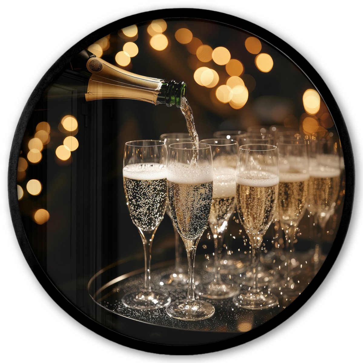FrameYourWall Poster in lijst Rond - Fotolijst 40x40 cm - Posters - Lichtjes - Champagne - Dienblad - Glazen - Ronde posterlijst zwart - Decoratie - Wanddecoratie woonkamer - Muurdecoratie slaapkamer Champagne - Glazen