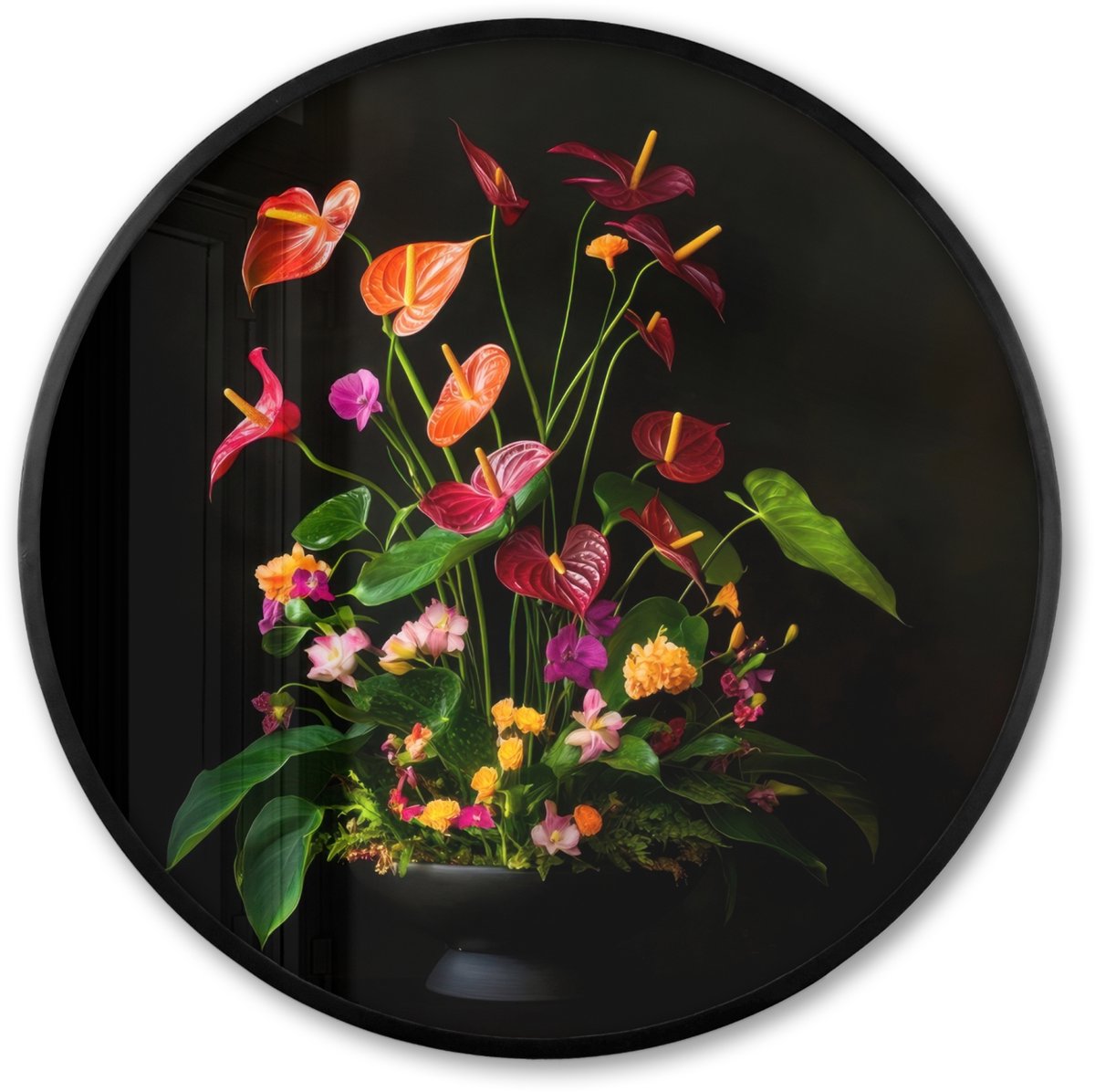 FrameYourWall Poster in lijst Rond - Fotolijst 60x60 cm - Posters - Bloemen - Vaas - Kleurrijk - Ronde posterlijst zwart - Decoratie - Wanddecoratie woonkamer - Muurdecoratie slaapkamer Boeket - Bloemen 1