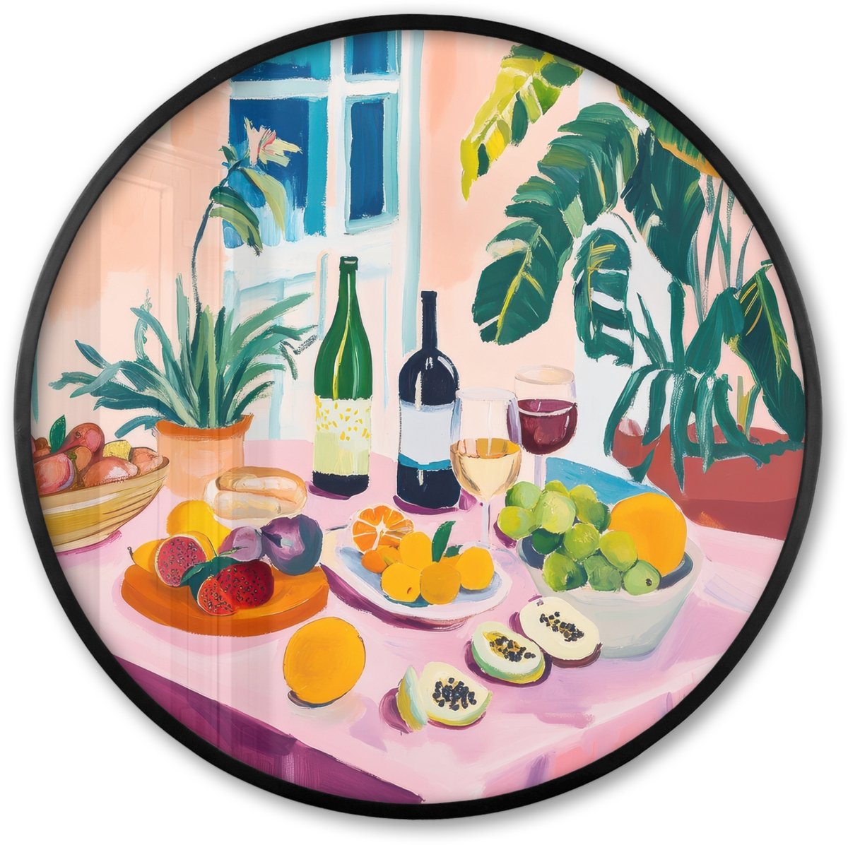 FrameYourWall Poster in lijst Rond - Fotolijst 60x60 cm - Posters - Tafel - Wijn - Fruit - Ronde posterlijst zwart - Decoratie - Wanddecoratie woonkamer - Muurdecoratie slaapkamer