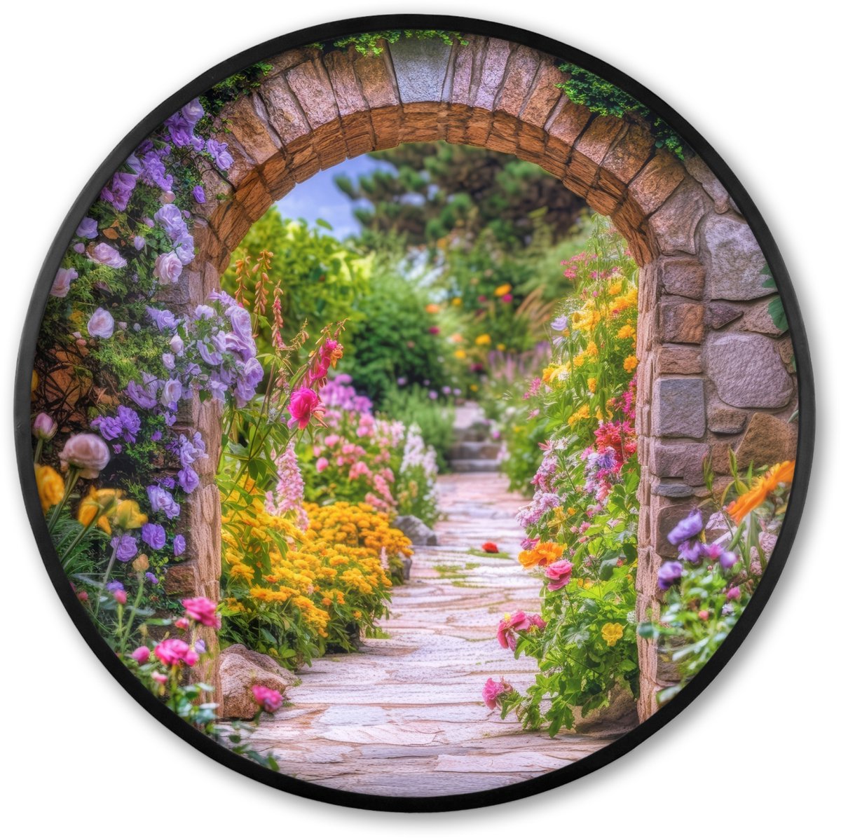 FrameYourWall Poster in lijst Rond - Fotolijst 80x80 cm - Posters - Doorkijk - Bloemen - Pad - Natuur - Ronde posterlijst zwart - Decoratie - Wanddecoratie woonkamer - Muurdecoratie slaapkamer Poort - Bloementuin