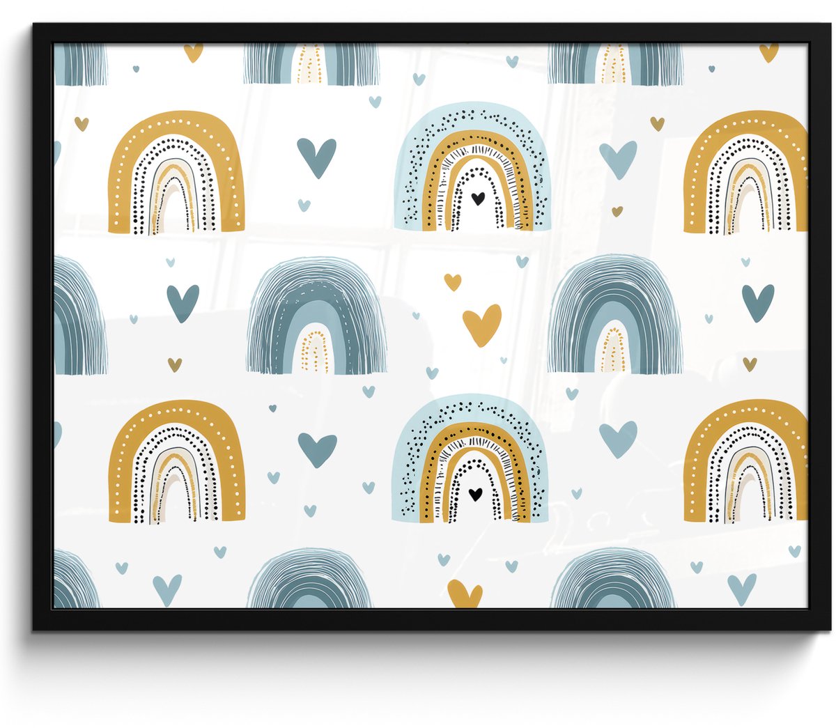 FrameYourWall Poster in lijst - Fotolijst 80x60 cm - Posters - Patroon - Regenboog - Hartjes - Posterlijst zwart - Decoratie - Wanddecoratie woonkamer - Muurdecoratie slaapkamer Multicolor
