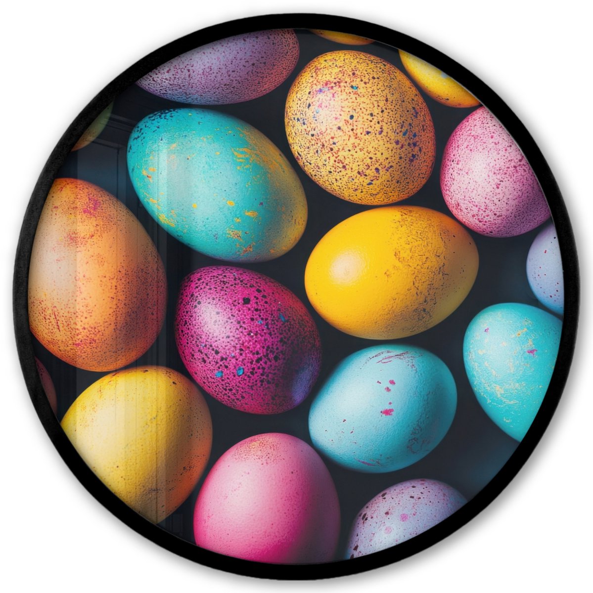 FrameYourWall Poster in lijst Rond - Fotolijst 40x40 cm - Posters - Kleurrijk - Paaseitjes - Spetters - Ronde posterlijst zwart - Decoratie - Wanddecoratie woonkamer - Muurdecoratie slaapkamer Paaseieren