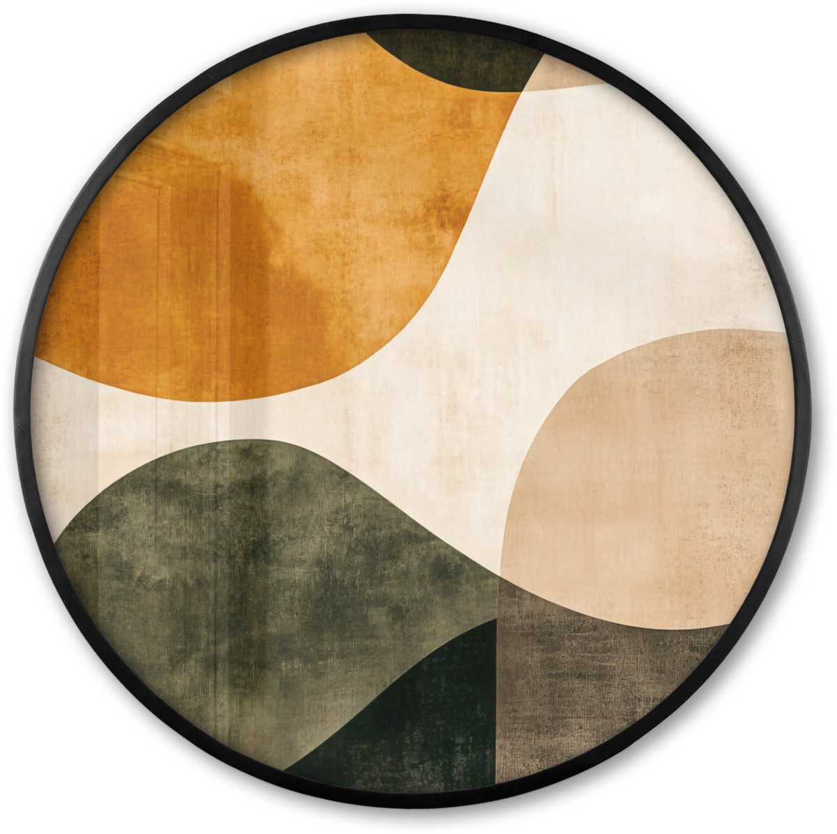 FrameYourWall Poster in lijst Rond - Fotolijst 60x60 cm - Posters - Vormen - Okergeel - Abstract - Ronde posterlijst zwart - Decoratie - Wanddecoratie woonkamer - Muurdecoratie slaapkamer Golven - Abstract