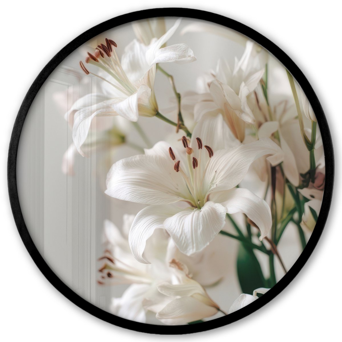 FrameYourWall Poster in lijst Rond - Fotolijst 40x40 cm - Posters - Lelies - Boekte - Wit - Meeldraden - Ronde posterlijst zwart - Decoratie - Wanddecoratie woonkamer - Muurdecoratie slaapkamer Lelies - Meeldraden