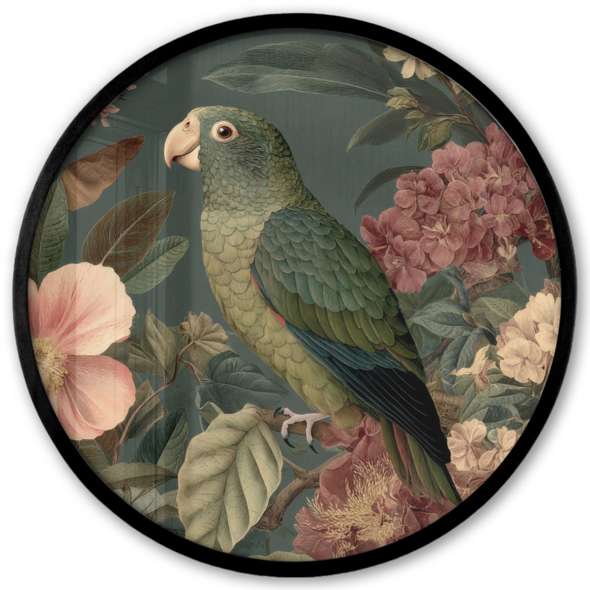 FrameYourWall Poster in lijst Rond - Fotolijst 40x40 cm - Posters - Groene papegaai - Kleurrijke bloemen - Donkere achtergrond - Ronde posterlijst zwart - Decoratie - Wanddecoratie woonkamer - Muurdecoratie slaapkamer Papegaai - Bloemen