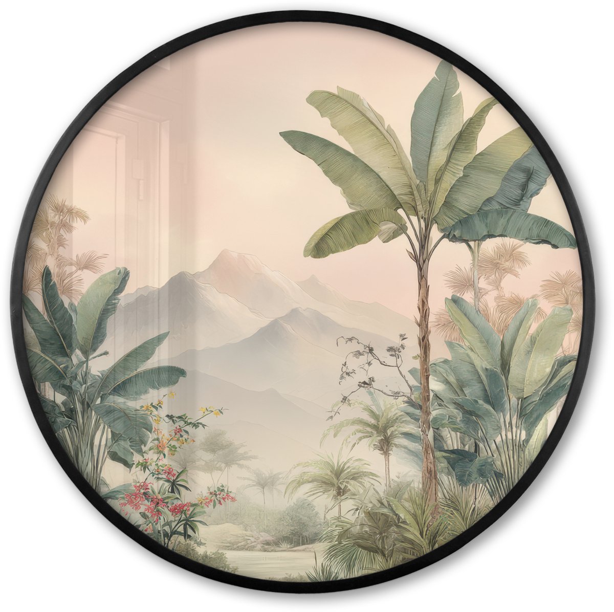 FrameYourWall Poster in lijst Rond - Fotolijst 80x80 cm - Posters - Tropisch landschap - palmbomen - Bloemen - Roze lucht - Ronde posterlijst zwart - Decoratie - Wanddecoratie woonkamer - Muurdecoratie slaapkamer Tropisch - Landschap