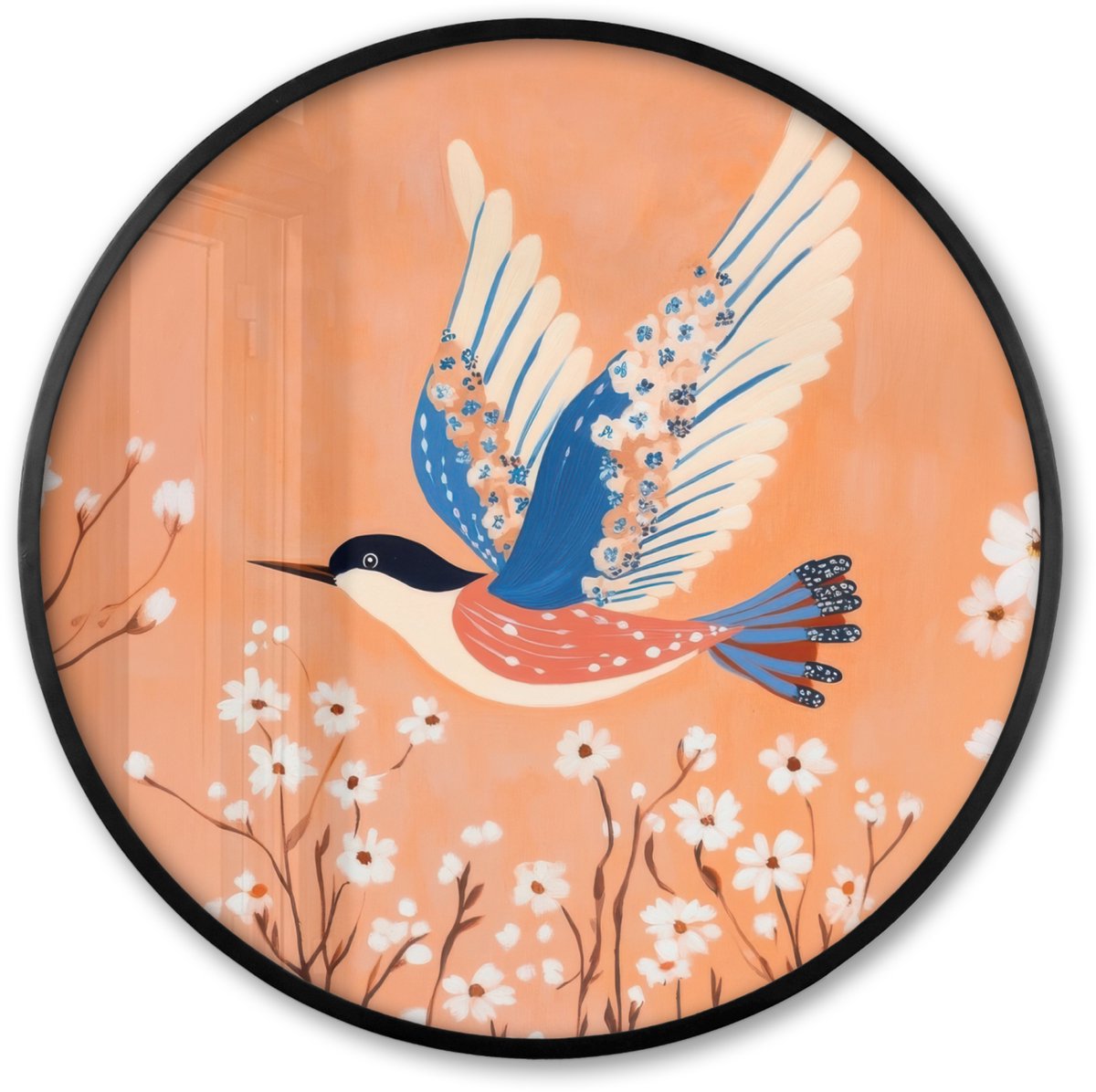 FrameYourWall Poster in lijst Rond - Fotolijst 60x60 cm - Posters - Vogel - Bloesemtakken - Warm - Kleurrijk - Ronde posterlijst zwart - Decoratie - Wanddecoratie woonkamer - Muurdecoratie slaapkamer