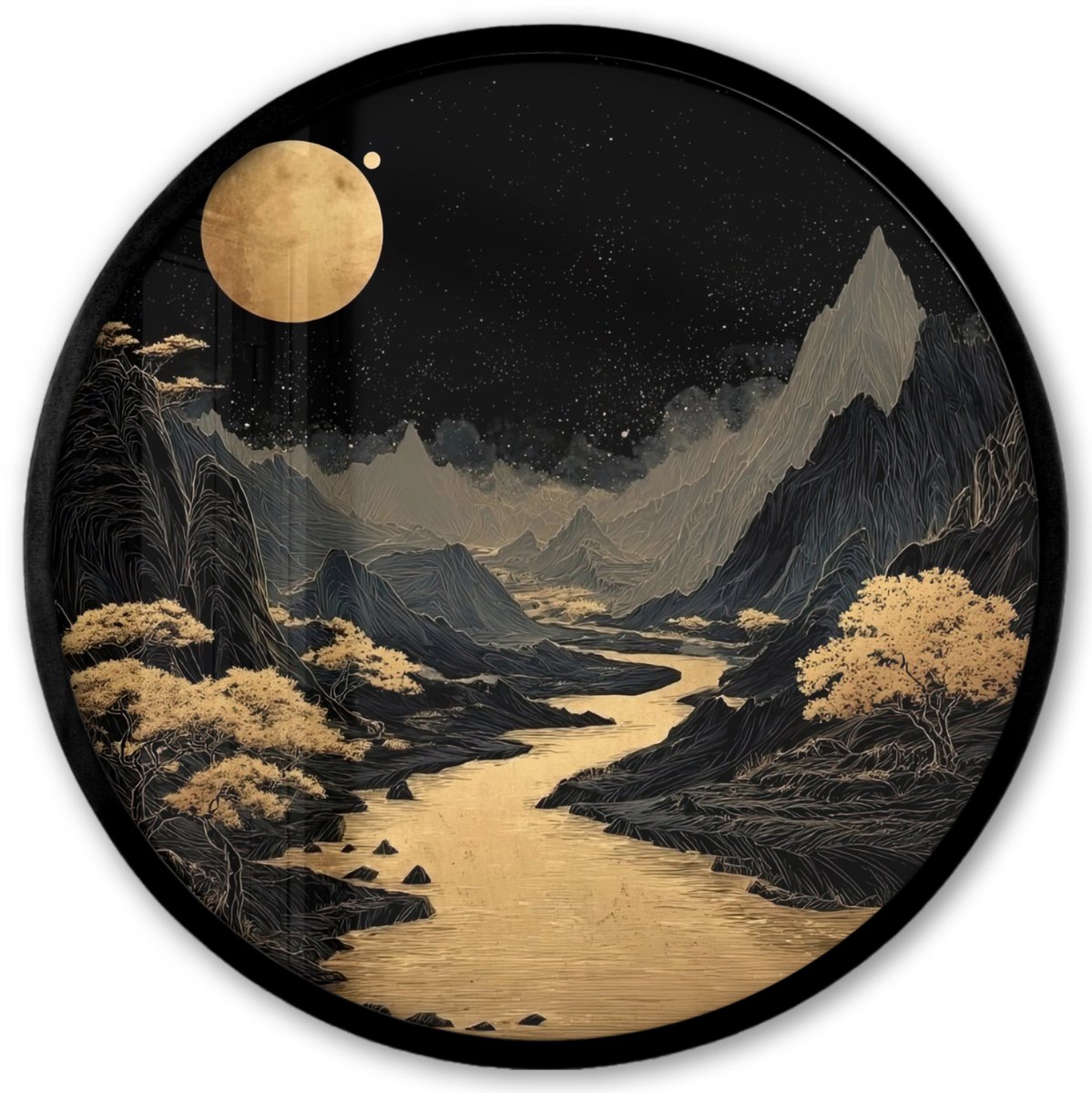 FrameYourWall Poster in lijst Rond - Fotolijst 40x40 cm - Posters - Gouden rivier - Bergen - Maan - Sterrenhemel - Ronde posterlijst zwart - Decoratie - Wanddecoratie woonkamer - Muurdecoratie slaapkamer