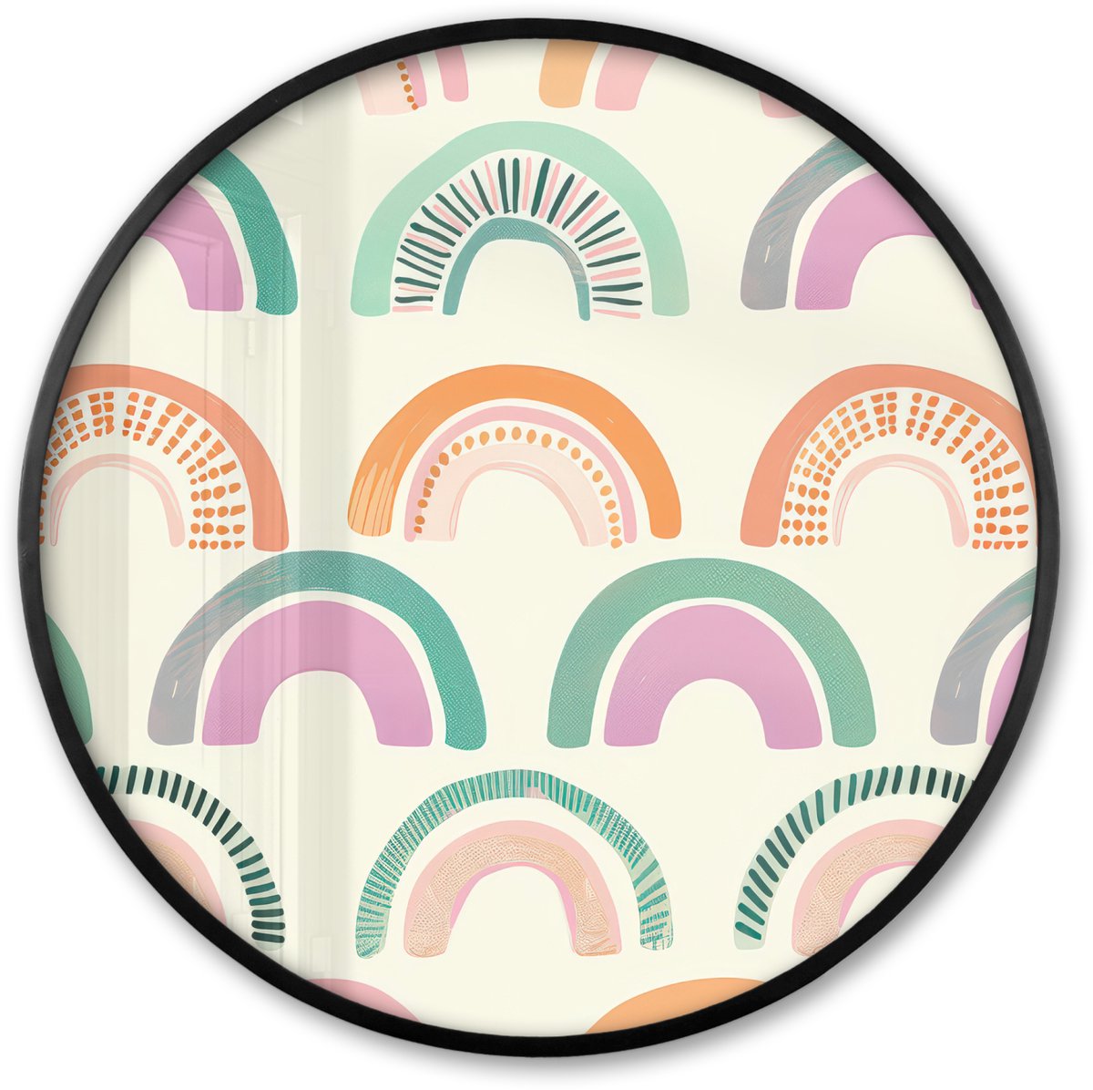 FrameYourWall Poster in lijst Rond - Fotolijst 60x60 cm - Posters - Regenboog - Pastel - Patroon - Ronde posterlijst zwart - Decoratie - Wanddecoratie woonkamer - Muurdecoratie slaapkamer Regenbogen - Stippen - Strepen