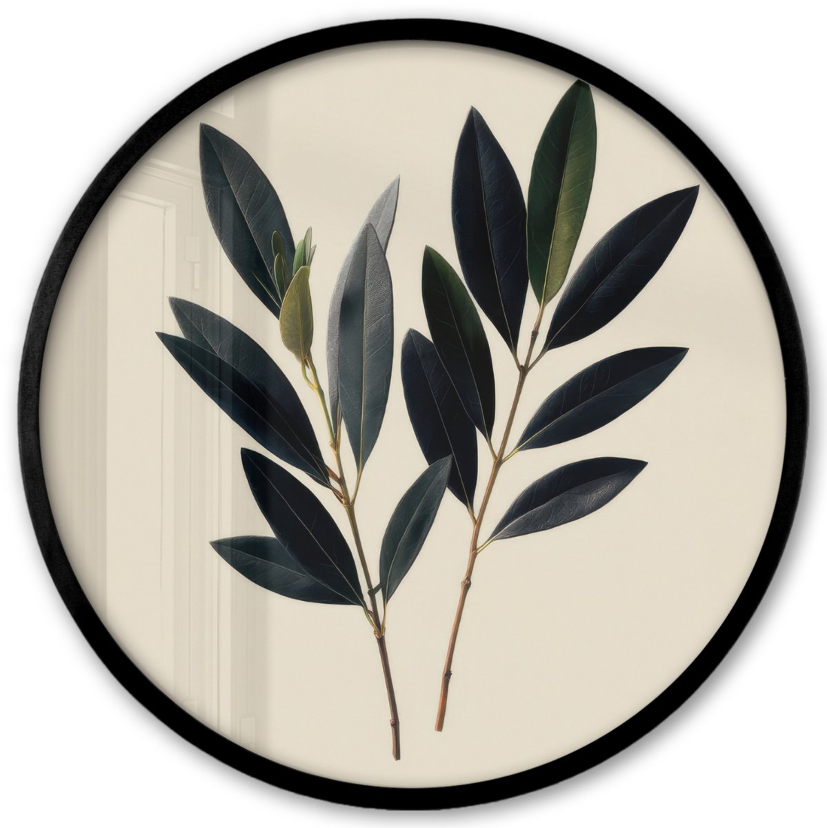 FrameYourWall Poster in lijst Rond - Fotolijst 40x40 cm - Posters - Ovaalvormige bladeren - Diep groen - Symmetrisch - Ronde posterlijst zwart - Decoratie - Wanddecoratie woonkamer - Muurdecoratie slaapkamer