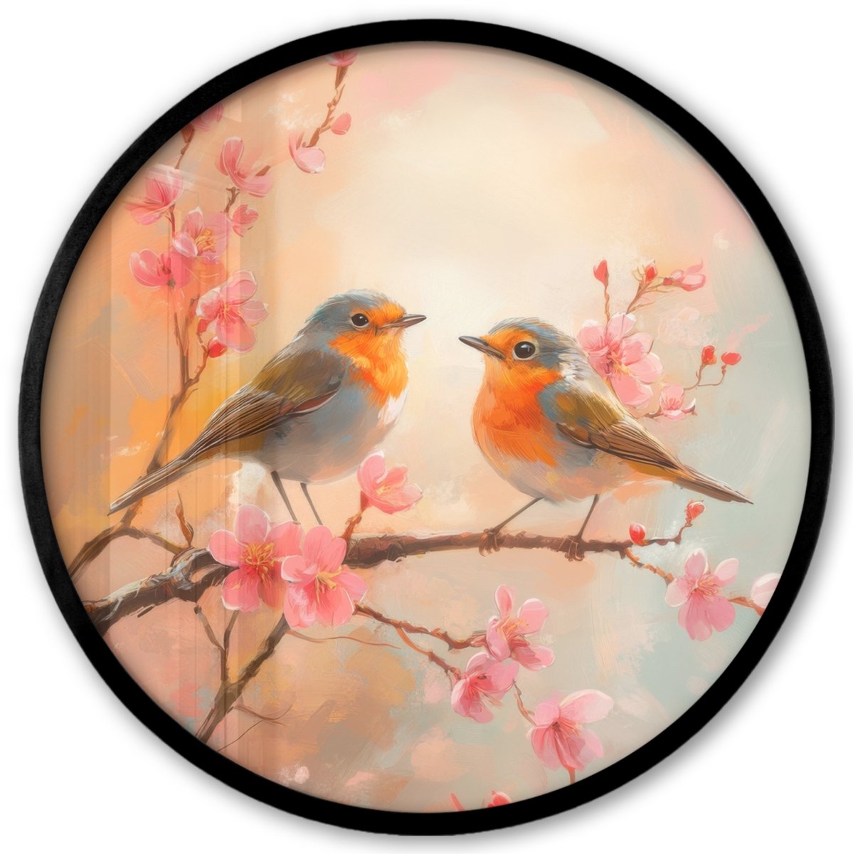 FrameYourWall Poster in lijst Rond - Fotolijst 40x40 cm - Posters - Roodborstjes - Sierlijk - Bloesemtak - Ronde posterlijst zwart - Decoratie - Wanddecoratie woonkamer - Muurdecoratie slaapkamer Vogels - Bloemen