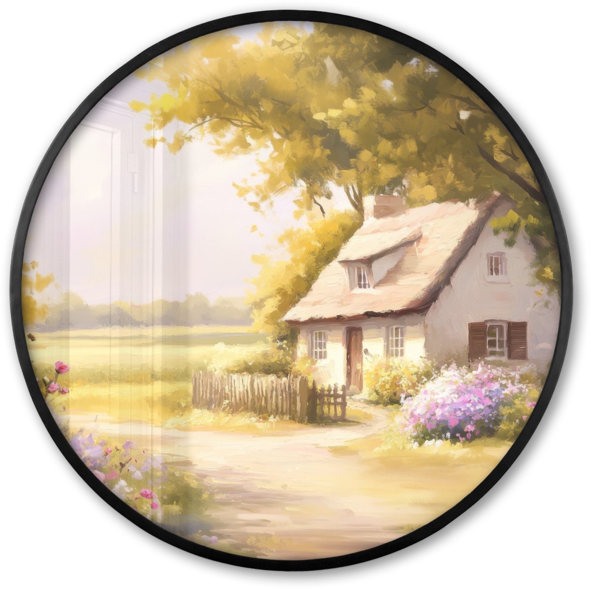 FrameYourWall Poster in lijst Rond - Fotolijst 60x60 cm - Posters - Huisje - Hout - Bloemen - Ronde posterlijst zwart - Decoratie - Wanddecoratie woonkamer - Muurdecoratie slaapkamer Landschap - Huisje