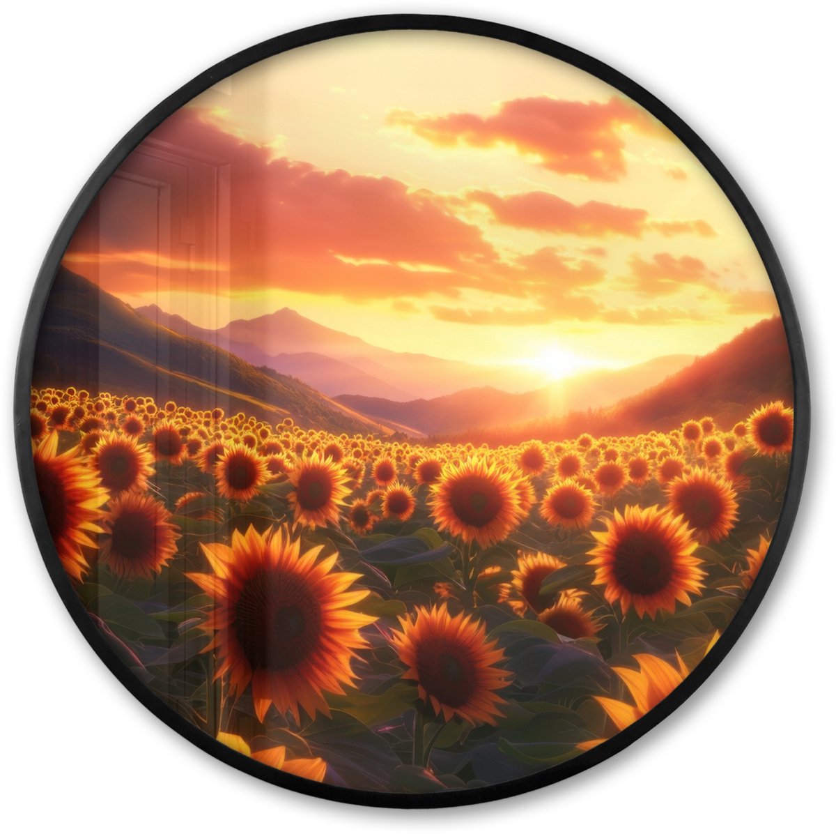 FrameYourWall Poster in lijst Rond - Fotolijst 80x80 cm - Posters - Zonnebloemen - Zonsondergang - Landschap - Ronde posterlijst zwart - Decoratie - Wanddecoratie woonkamer - Muurdecoratie slaapkamer Bloemen - Zonnebloemen