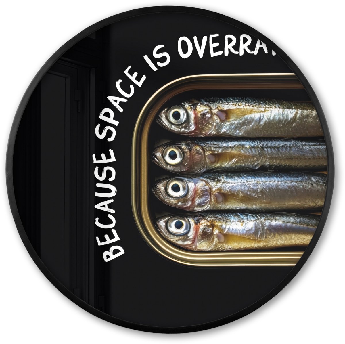 FrameYourWall Poster in lijst Rond - Fotolijst 80x80 cm - Posters - Sardines - Tekst - Vis - Blik - Ronde posterlijst zwart - Decoratie - Wanddecoratie woonkamer - Muurdecoratie slaapkamer Krab - Tekst