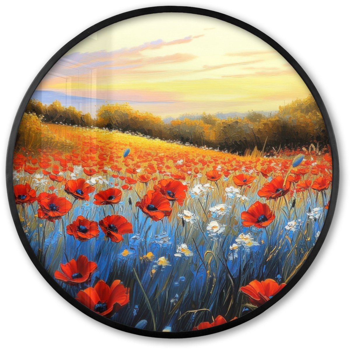 FrameYourWall Poster in lijst Rond - Fotolijst 80x80 cm - Posters - Klaproos - Bloemenveld - Kleurrijk - Ronde posterlijst zwart - Decoratie - Wanddecoratie woonkamer - Muurdecoratie slaapkamer Klaprozen - Bloemenveld