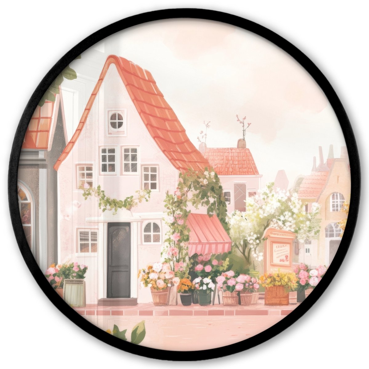 FrameYourWall Poster in lijst Rond - Fotolijst 40x40 cm - Posters - Bloemen - Huizen - Dorp - Ronde posterlijst zwart - Decoratie - Wanddecoratie woonkamer - Muurdecoratie slaapkamer Huisjes - Dorp