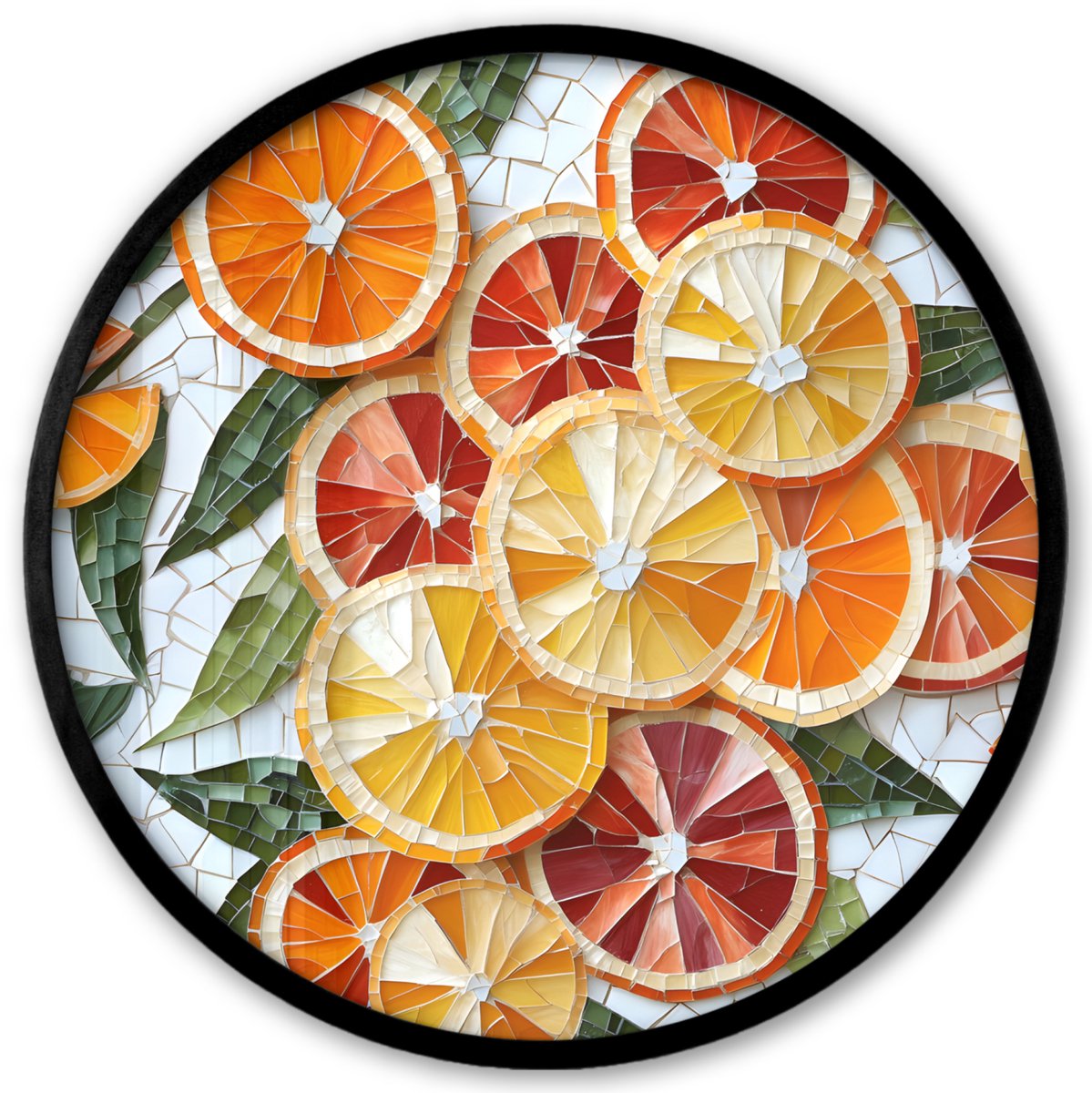 FrameYourWall Poster in lijst Rond - Fotolijst 40x40 cm - Posters - Schijfjes - Fruit - Oranje - Mozaïek - Ronde posterlijst zwart - Decoratie - Wanddecoratie woonkamer - Muurdecoratie slaapkamer Citrusvruchten - Schijfjes