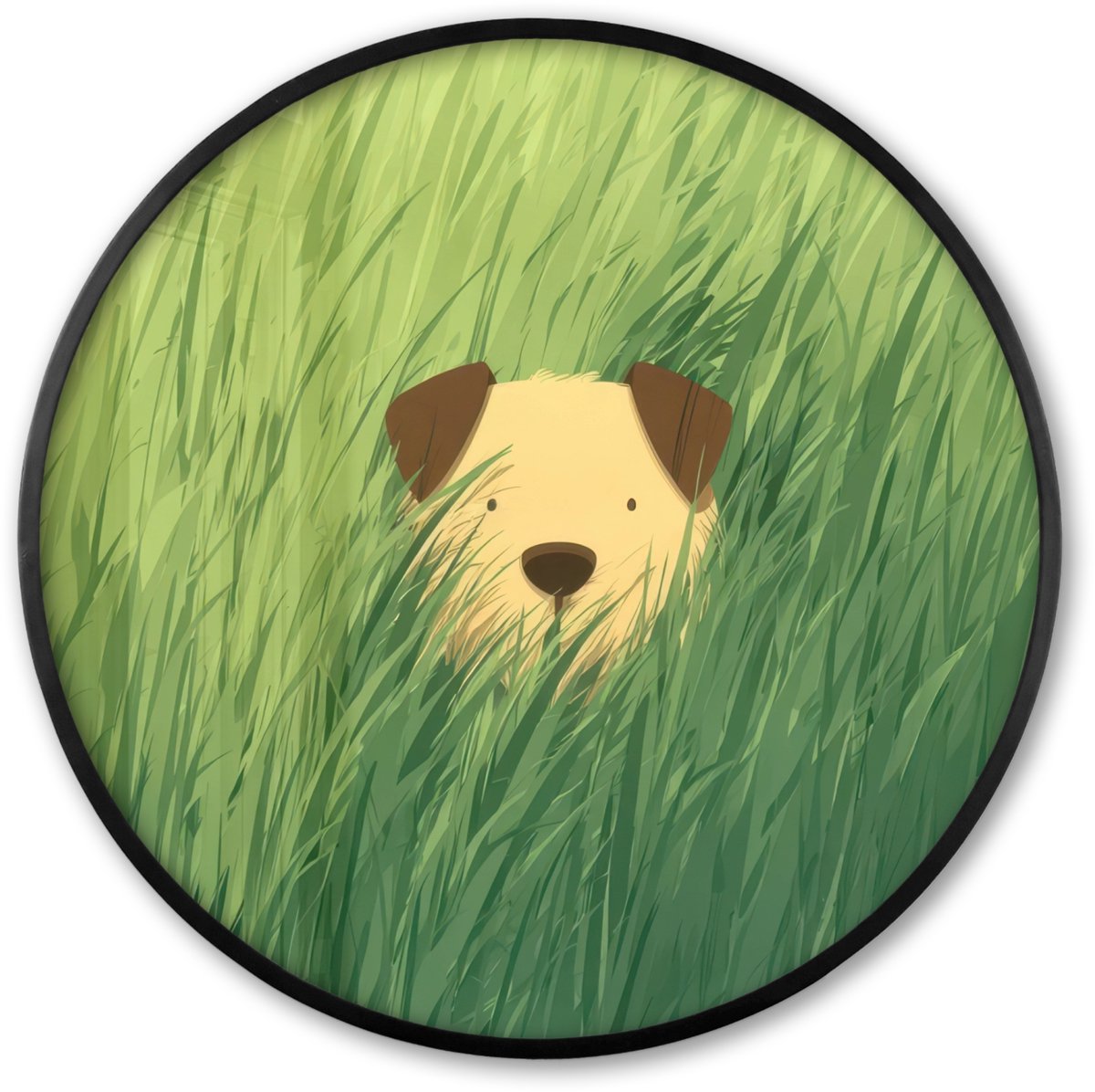 FrameYourWall Poster in lijst Rond - Fotolijst 60x60 cm - Posters - Hondje - Gras - Oren - Bruin - Ronde posterlijst zwart - Decoratie - Wanddecoratie woonkamer - Muurdecoratie slaapkamer
