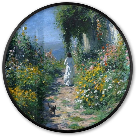 Poster in lijst Rond - Fotolijst 80x80 cm - Posters - Kat - Vrouw - Bloemen - Huis - Ronde posterlijst zwart - Decoratie - Wanddecoratie woonkamer - Muurdecoratie slaapkamer