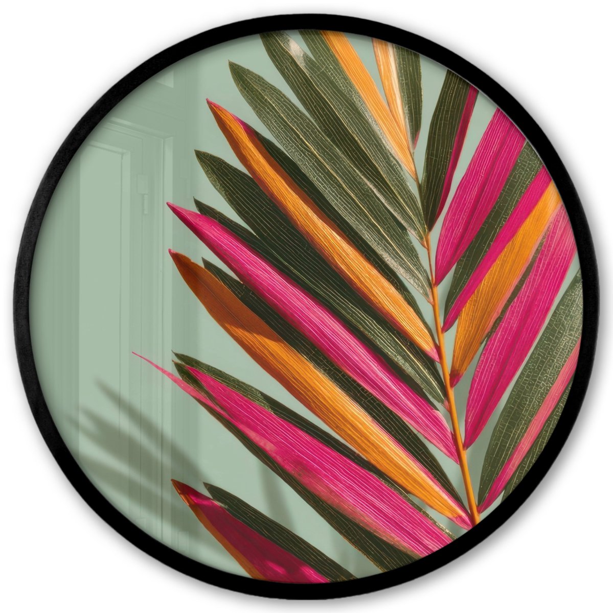 FrameYourWall Poster in lijst Rond - Fotolijst 40x40 cm - Posters - Tak - Bladeren - Kleurrijk - Schaduw - Ronde posterlijst zwart - Decoratie - Wanddecoratie woonkamer - Muurdecoratie slaapkamer