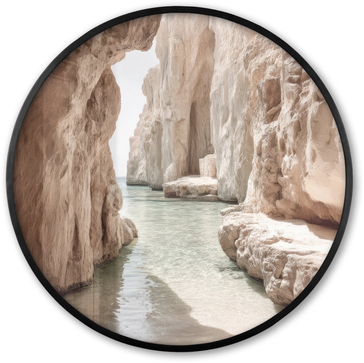 FrameYourWall Poster in lijst Rond - Fotolijst 60x60 cm - Posters - Rotsen - Zee - Zand - Kloof - Ronde posterlijst zwart - Decoratie - Wanddecoratie woonkamer - Muurdecoratie slaapkamer