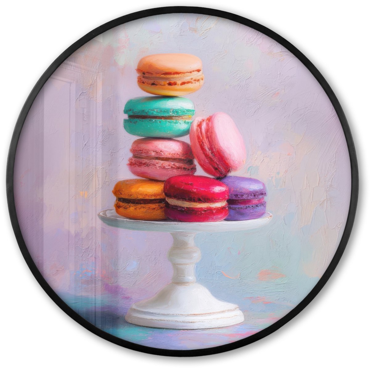 FrameYourWall Poster in lijst Rond - Fotolijst 60x60 cm - Posters - Macarons - Schaal - Pastel - Kleurrijk - Ronde posterlijst zwart - Decoratie - Wanddecoratie woonkamer - Muurdecoratie slaapkamer