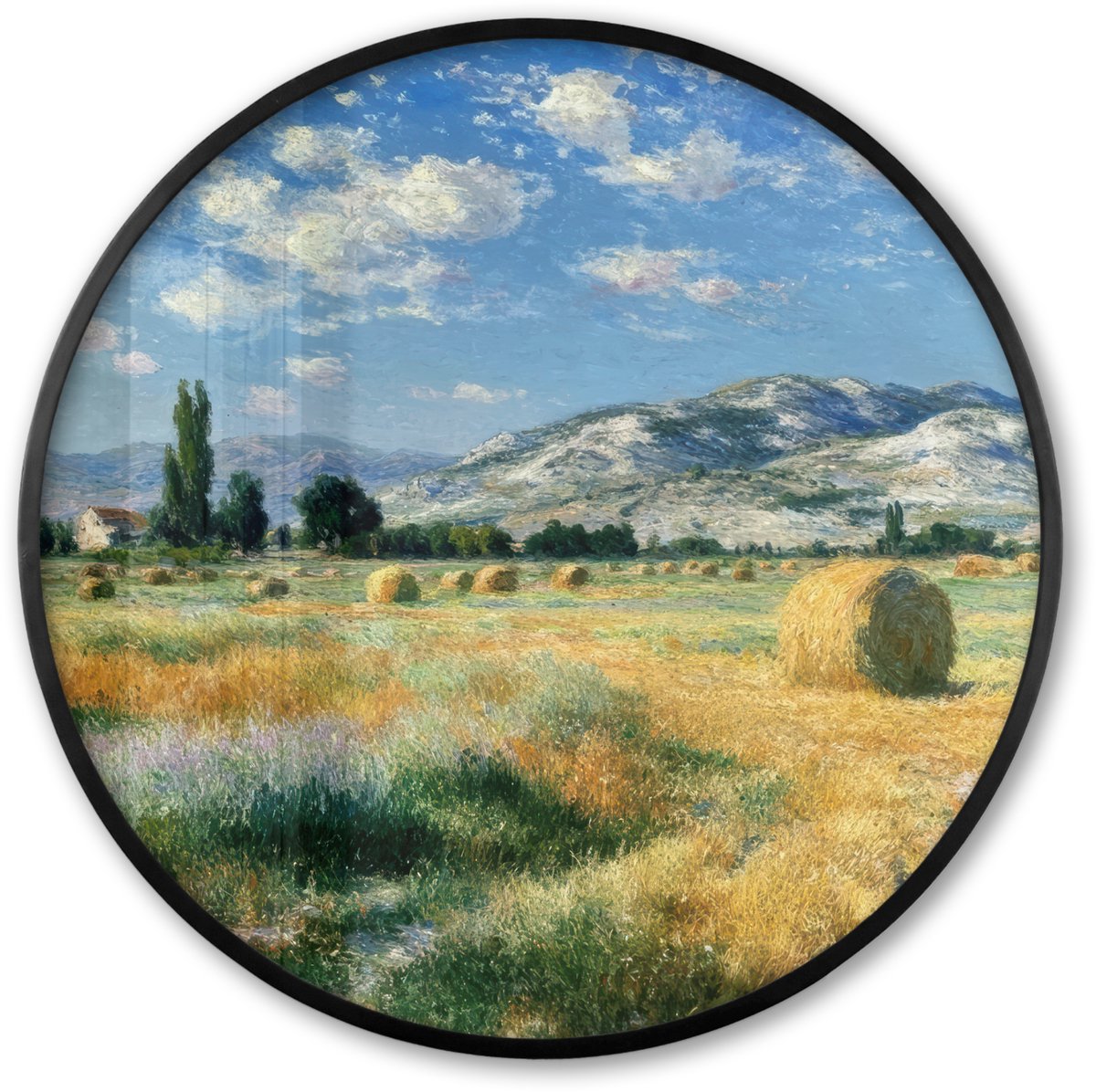 FrameYourWall Poster in lijst Rond - Fotolijst 80x80 cm - Posters - Landschap - Strobalen - Bergen - Wolken - Ronde posterlijst zwart - Decoratie - Wanddecoratie woonkamer - Muurdecoratie slaapkamer